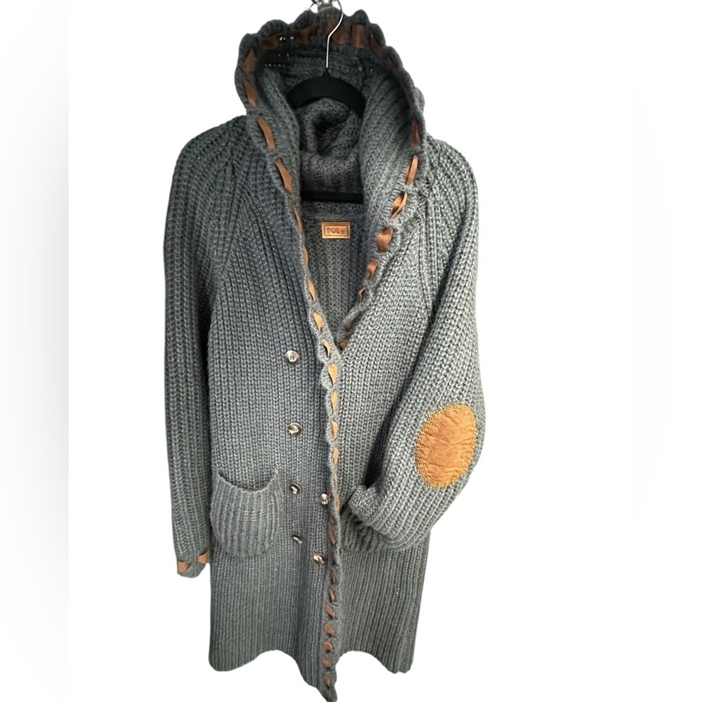 POL Gray Hooded chunky wool Cardigan Coat M Lagenlook Cottagecore Elbow Patch
